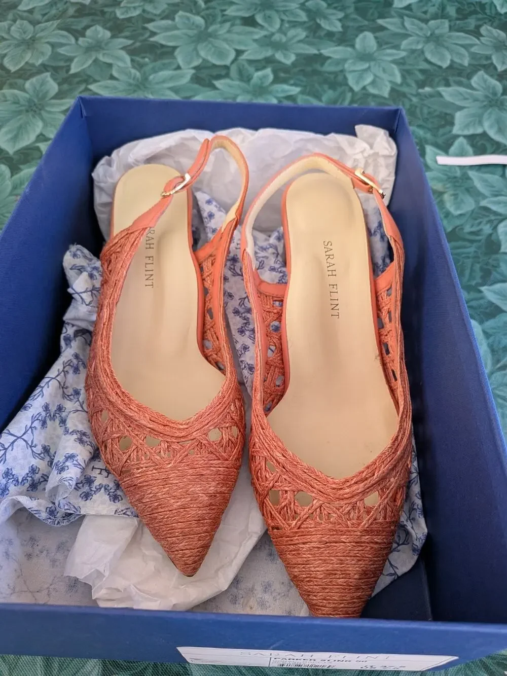 SARAH FLINT Parker Sling 50 Coral Raffia Pump Slingback Heel IT 37.5 US 7.5 Box